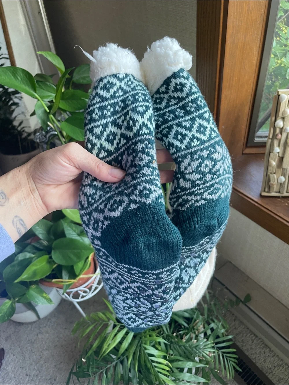 Cozy Fleece-Lined Winter Socks/ House Slippers - Cream & Forest Green NWT